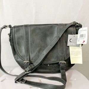 NEW Cesca Chic Steel Blue Gray Faux Leather Crossbody Saddle Bag NWT